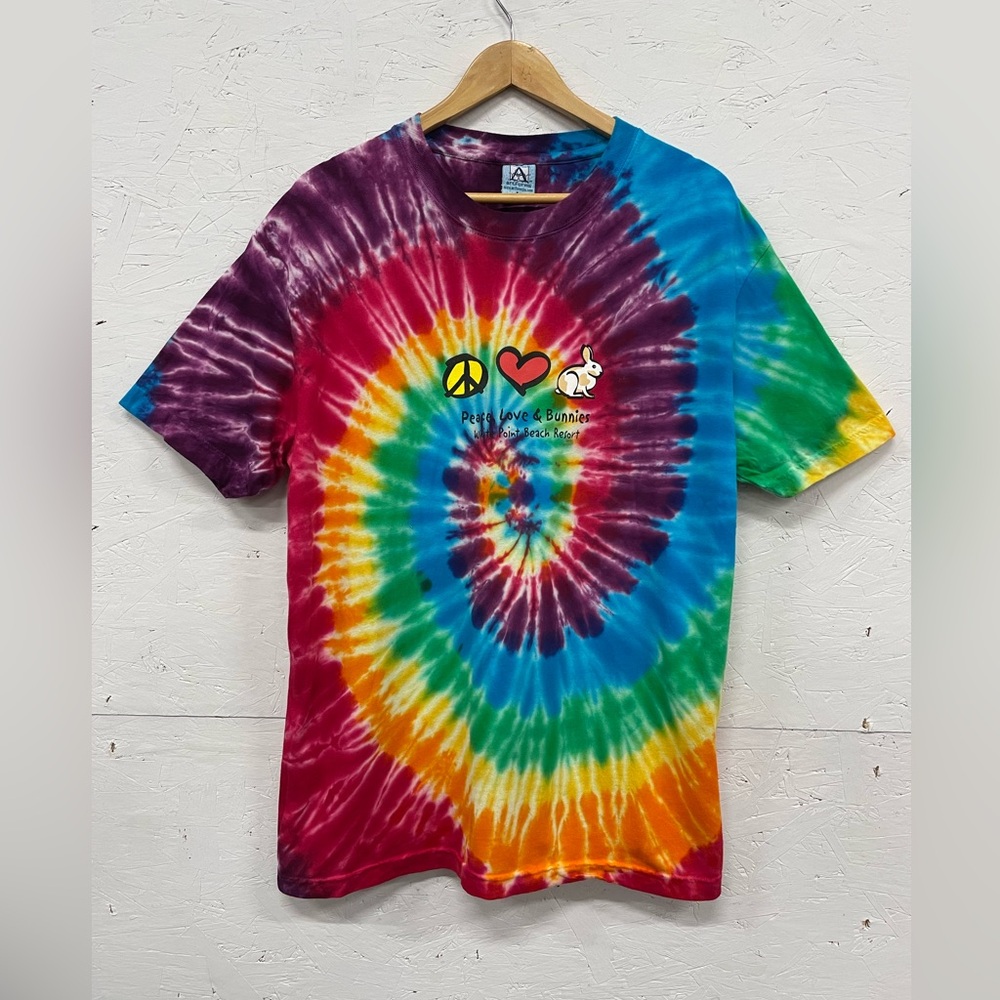 Retro “Peace, Love, and Bunnies” Tie-Dye Tee, Size L